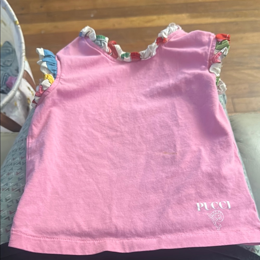 Emilio Pucci Pink Kids Tee with Multicolor Ruffle Sleeves